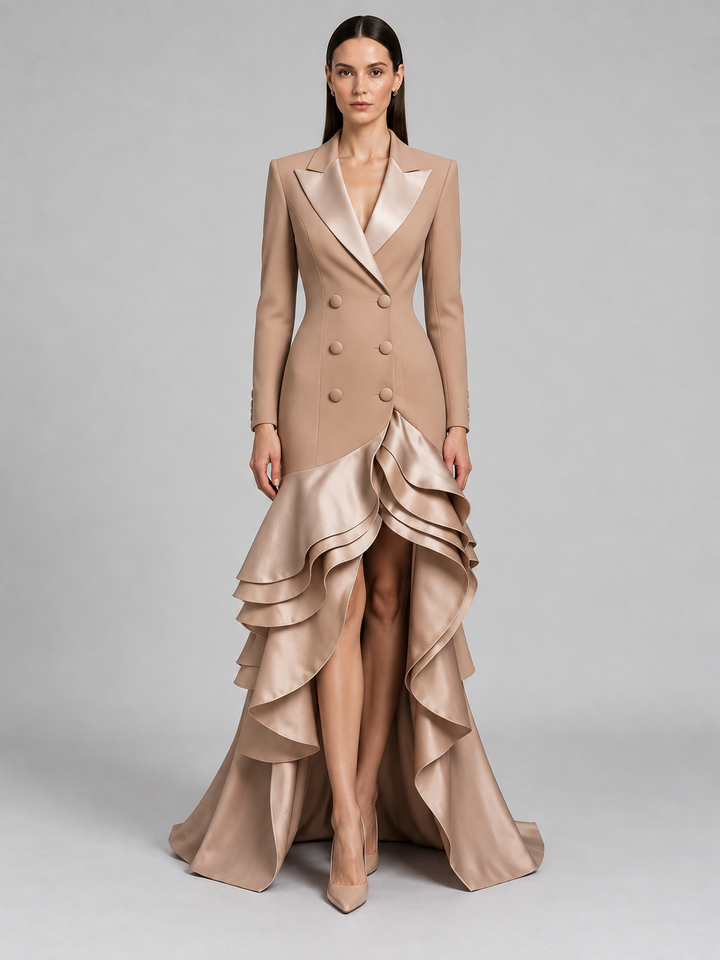 Champagne Satin Ruffle Blazer Gown - 1