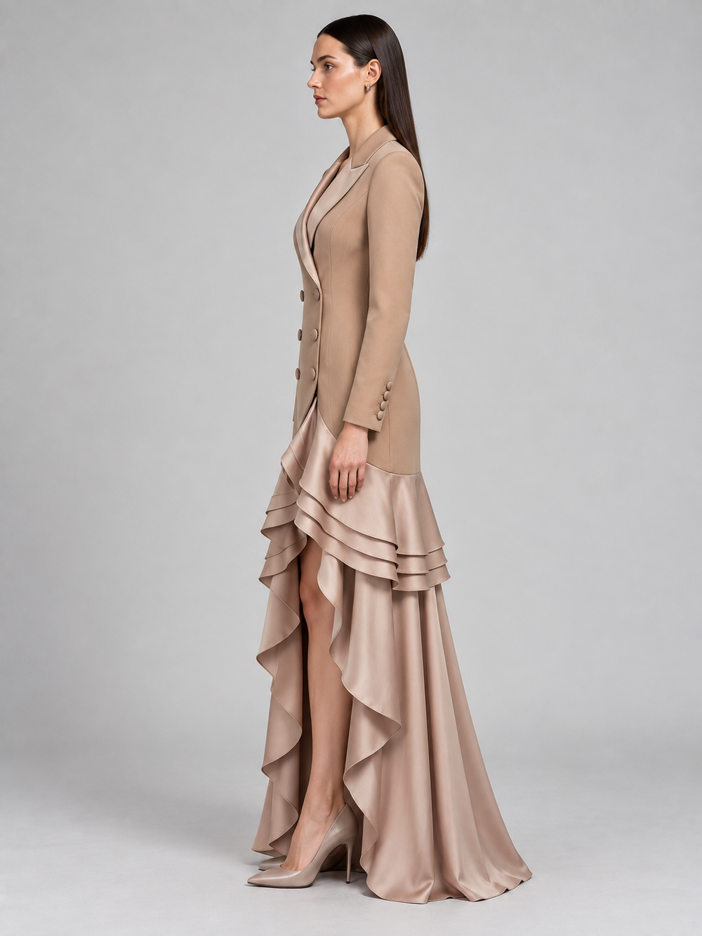 Champagne Satin Ruffle Blazer Gown - 2