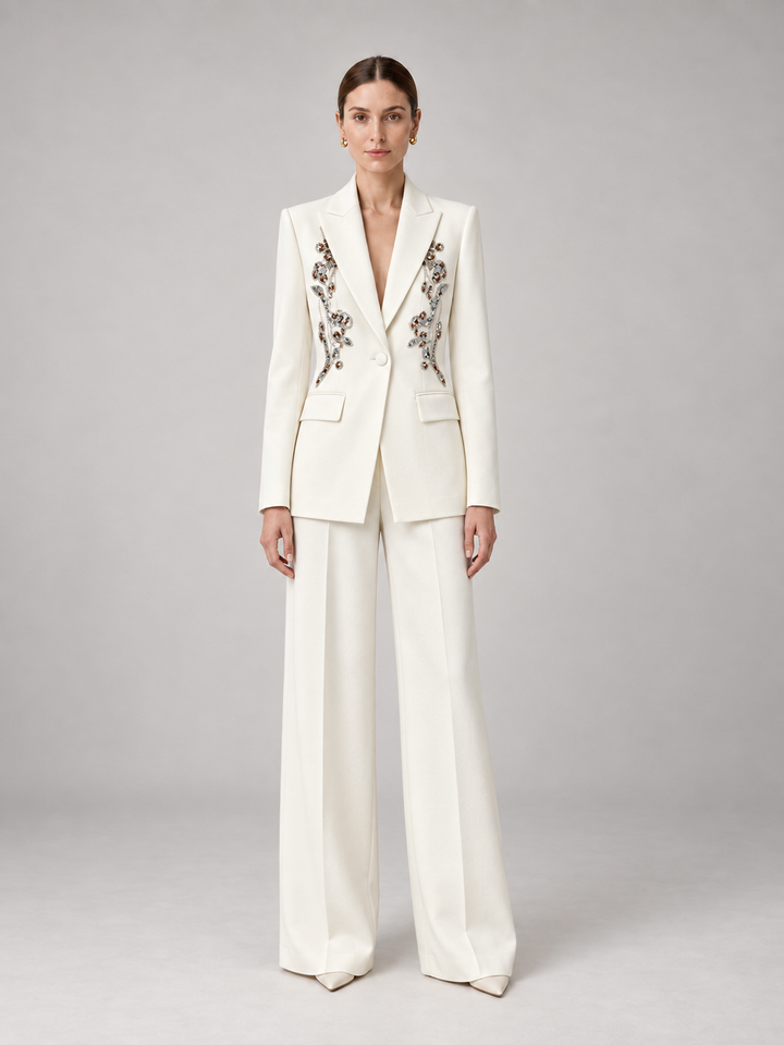 Ivory Beaded Wide-Leg Pantsuit - 1