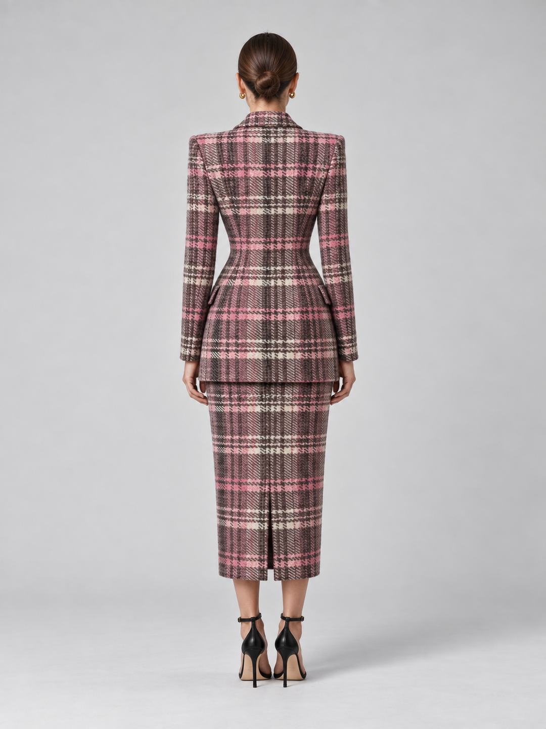 Pink Plaid Pencil Skirt Suit - 3