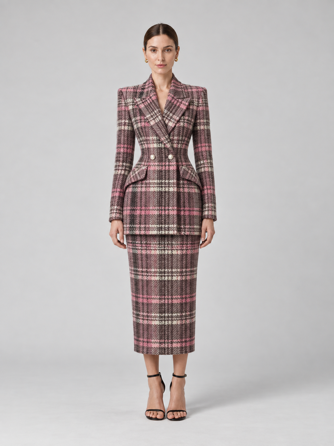 Pink Plaid Pencil Skirt Suit - 1