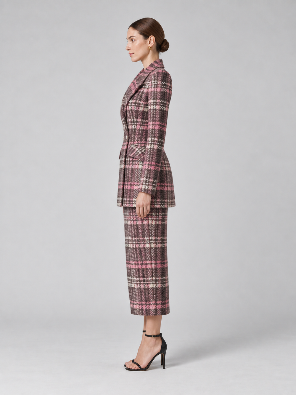 Pink Plaid Pencil Skirt Suit - 2