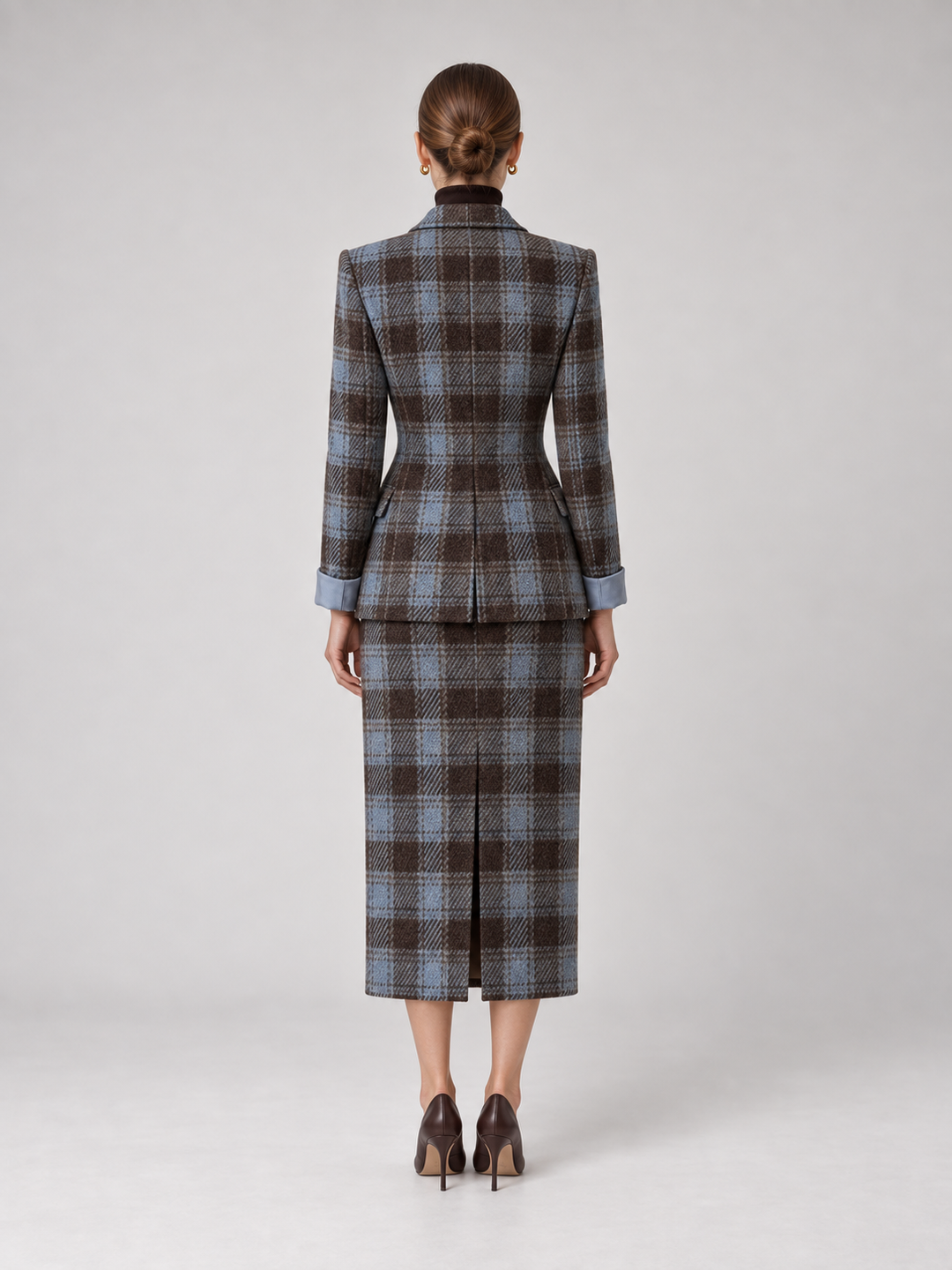 Blue Brown Plaid Midi Coat Dress - 2