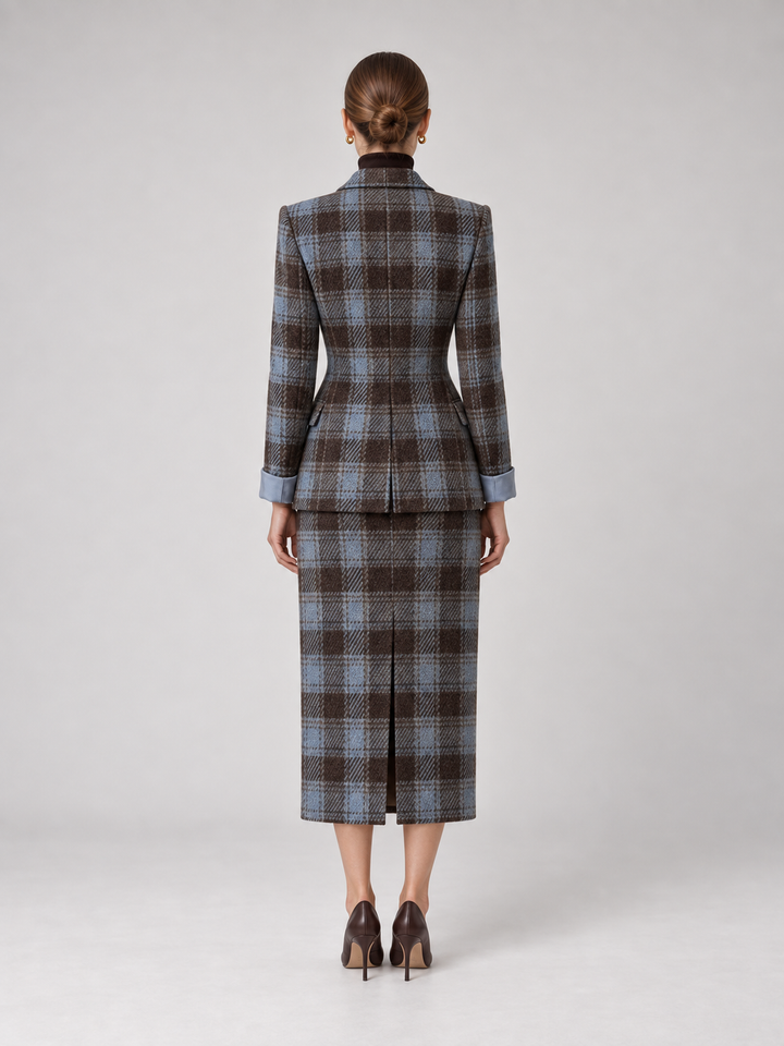 Blue Brown Plaid Midi Coat Dress - 2