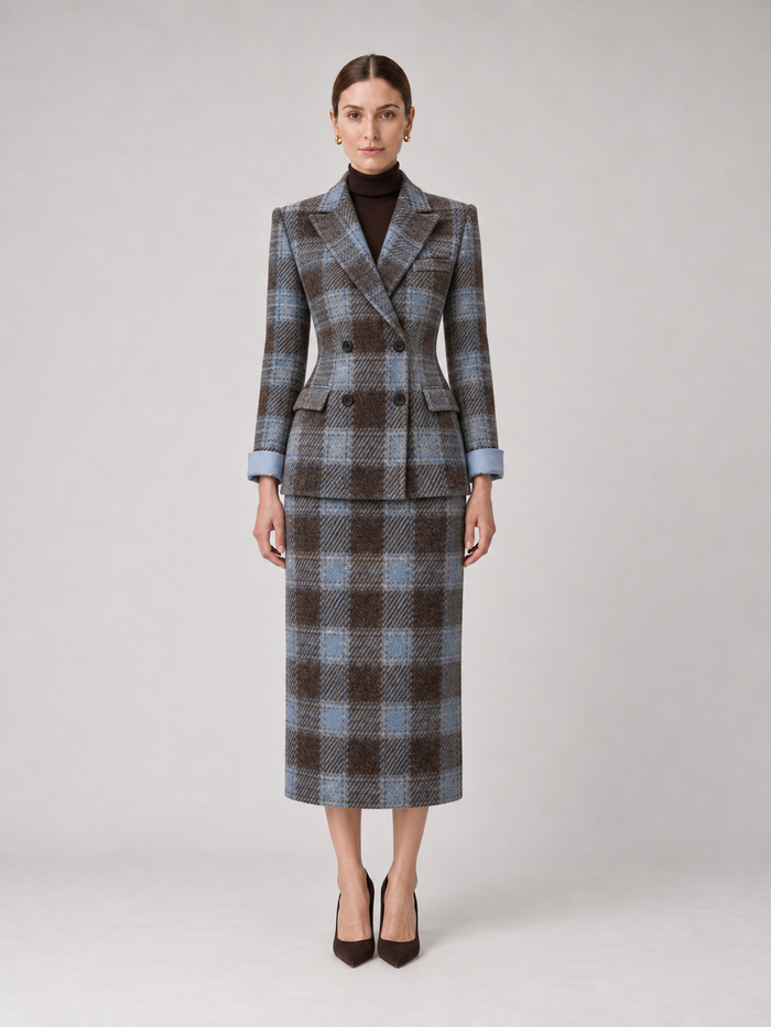 Blue Brown Plaid Midi Coat Dress