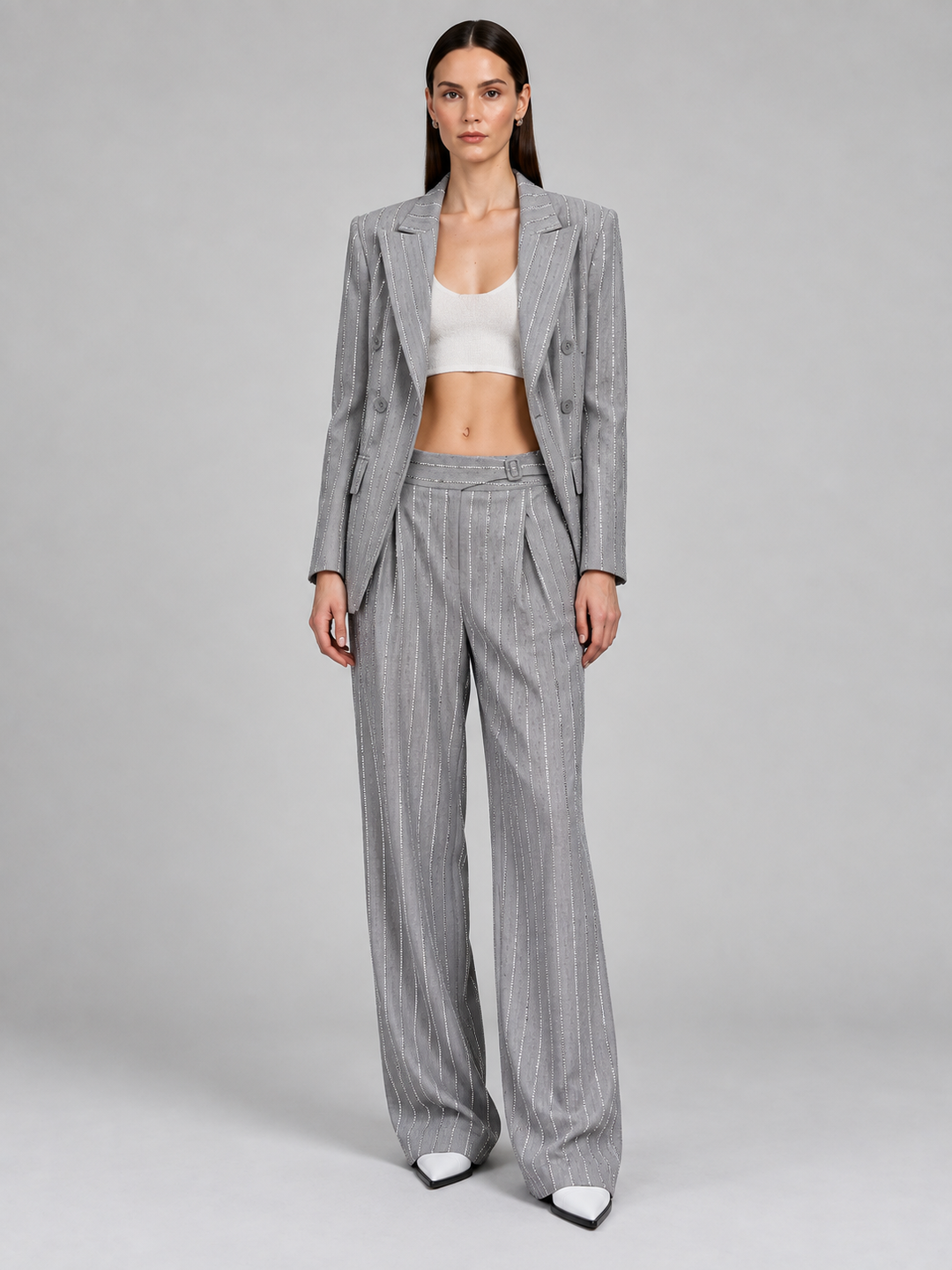 Gray Pinstripe Wide-Leg Pantsuit - 1