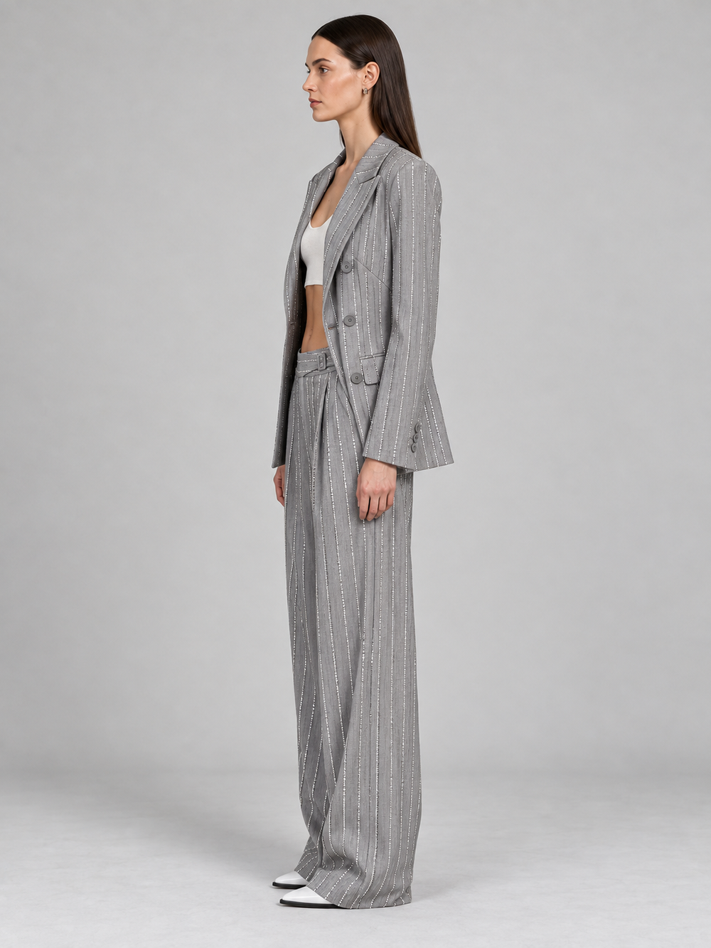 Gray Pinstripe Wide-Leg Pantsuit - 2