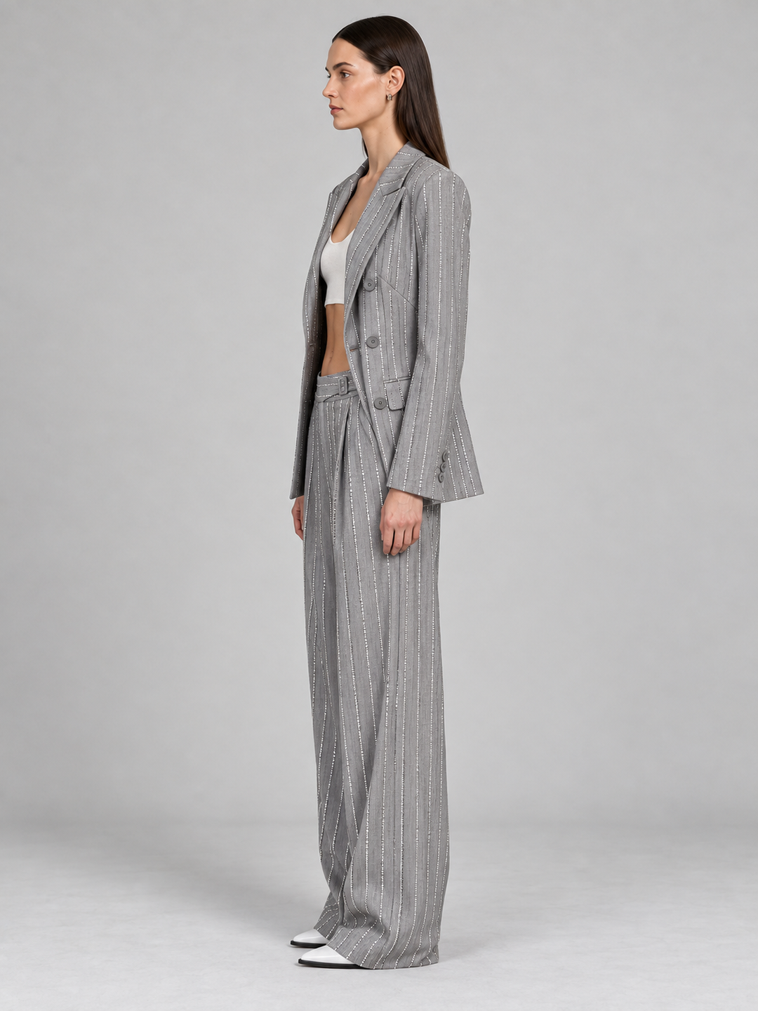Gray Pinstripe Wide-Leg Pantsuit - 2