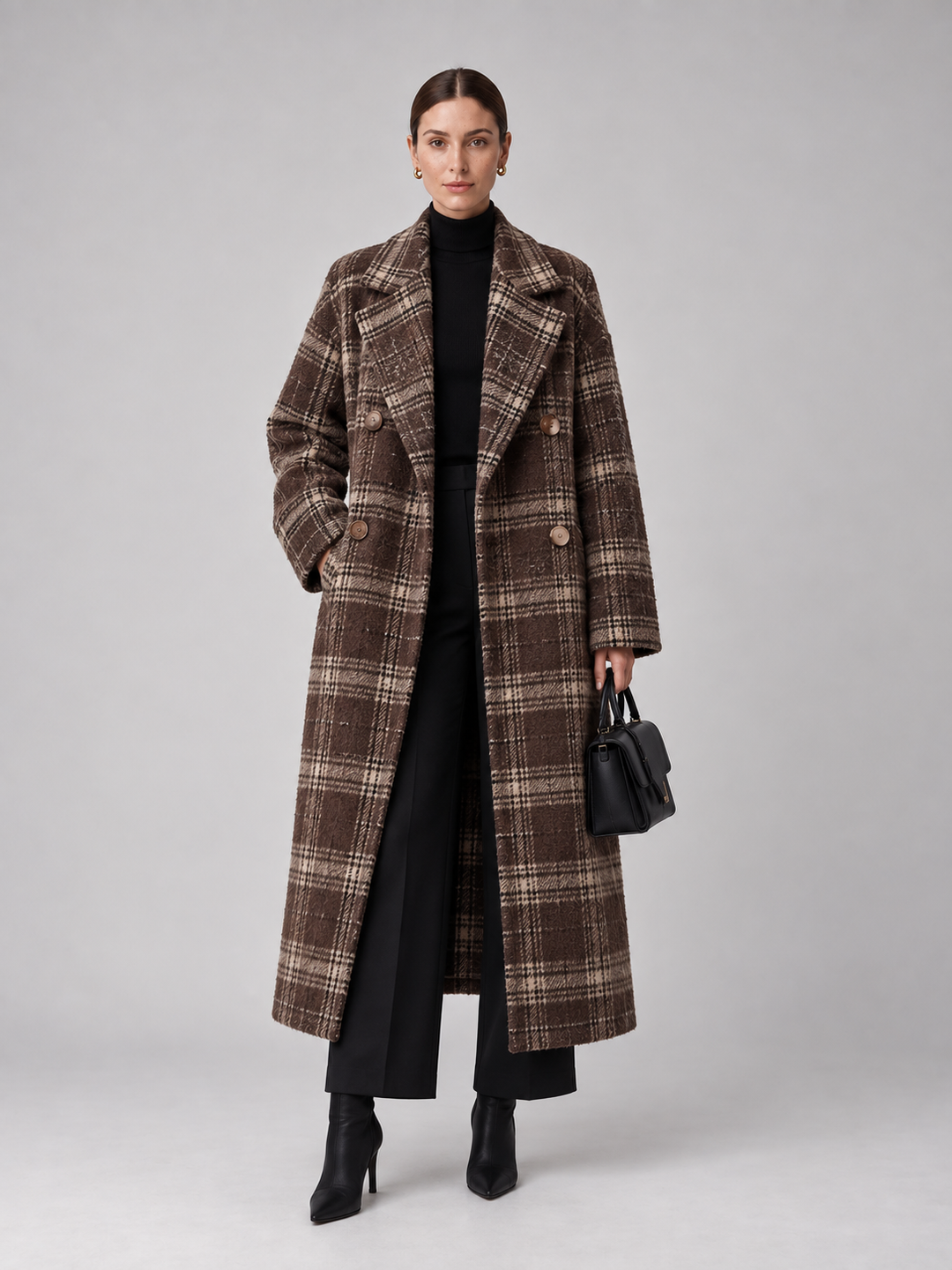 Brown Plaid Oversized Long Coat - 1