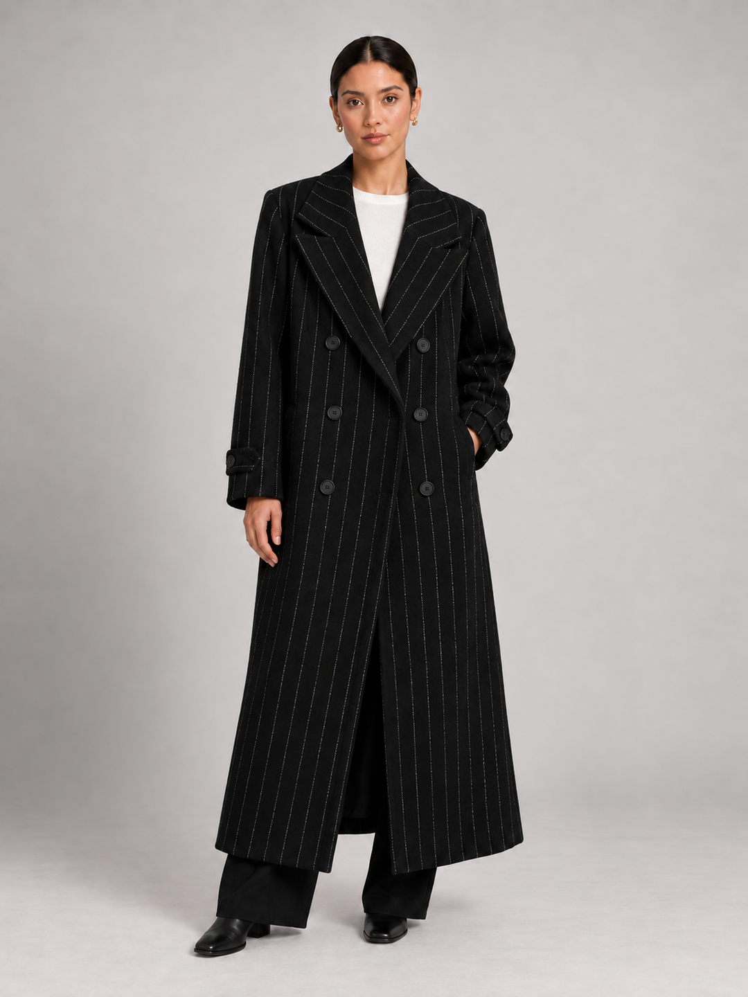 Black Pinstripe Double-Breasted Long Coat - 1