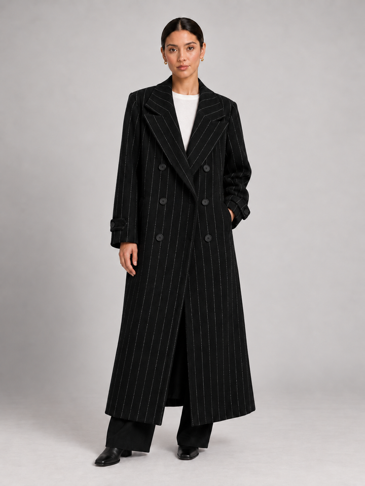 Black Pinstripe Double-Breasted Long Coat - 1