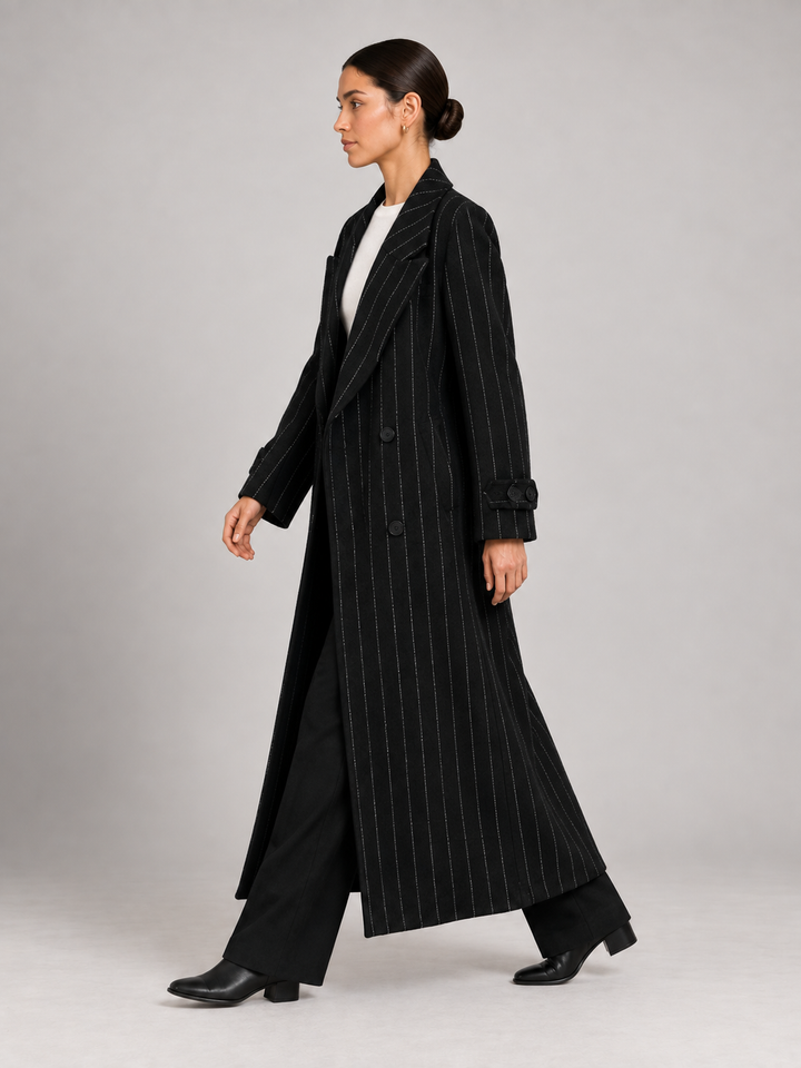 Black Pinstripe Double-Breasted Long Coat - 2