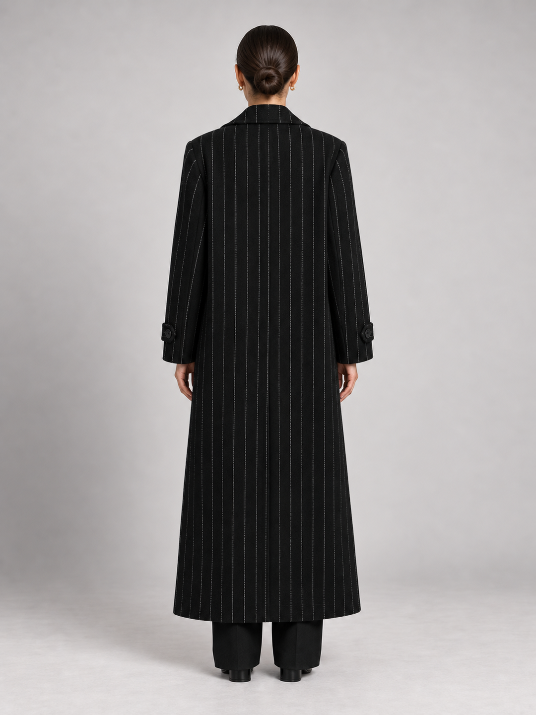 Black Pinstripe Double-Breasted Long Coat - 3