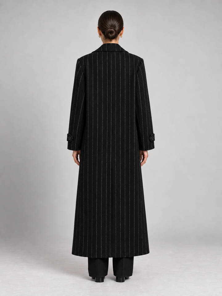 Black Pinstripe Double-Breasted Long Coat - 3