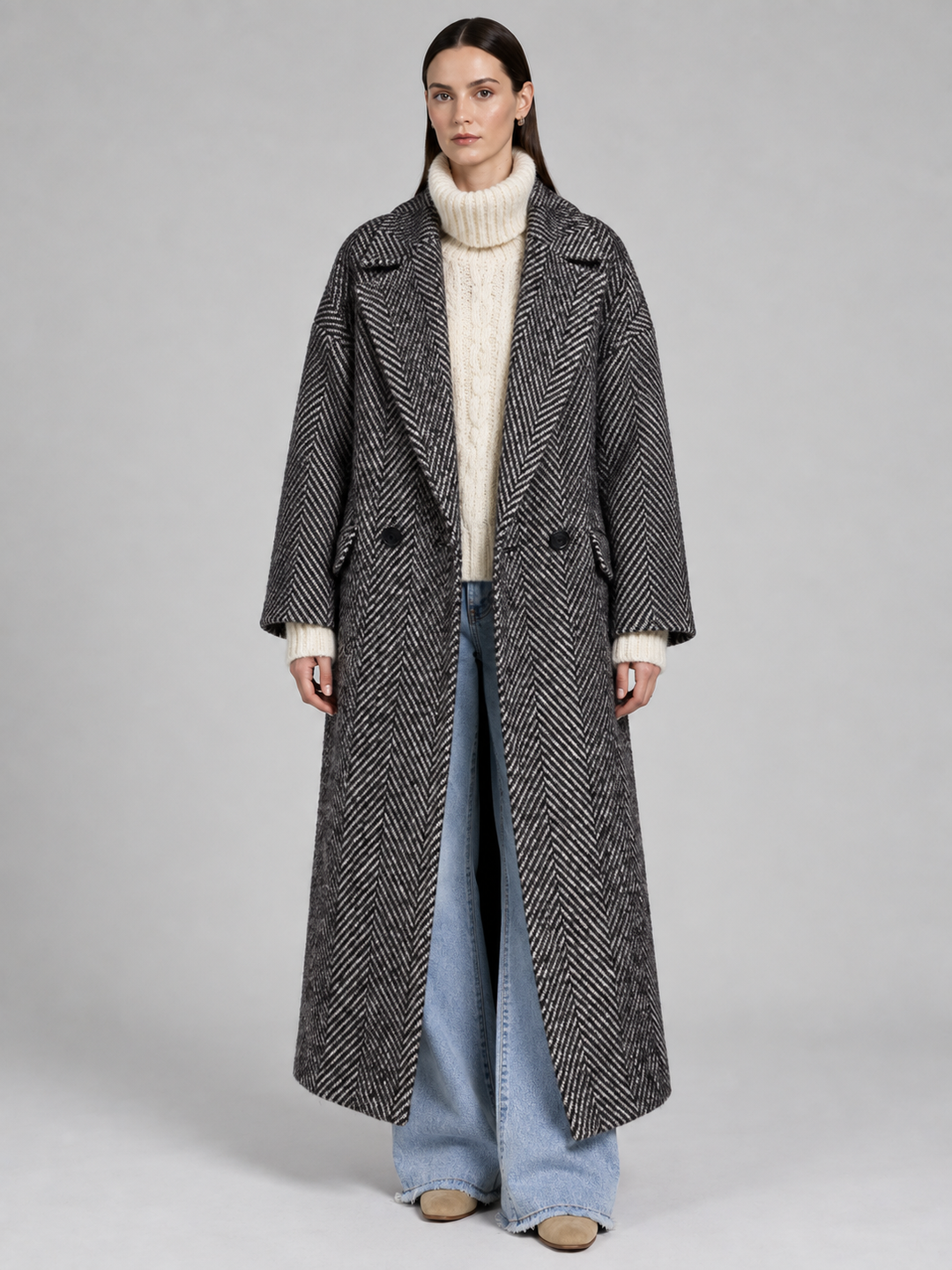 Charcoal Textured Oversized Long Coat - 1
