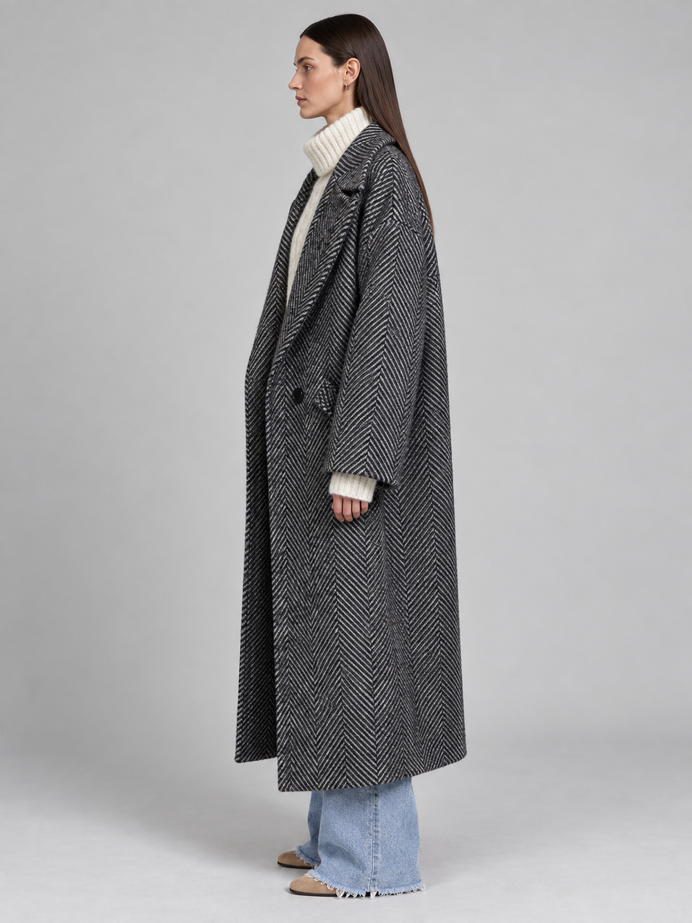 Charcoal Textured Oversized Long Coat - 2