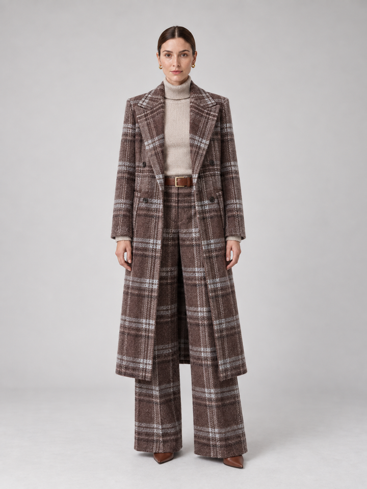 Brown Plaid Wide-Leg Pantsuit - 1