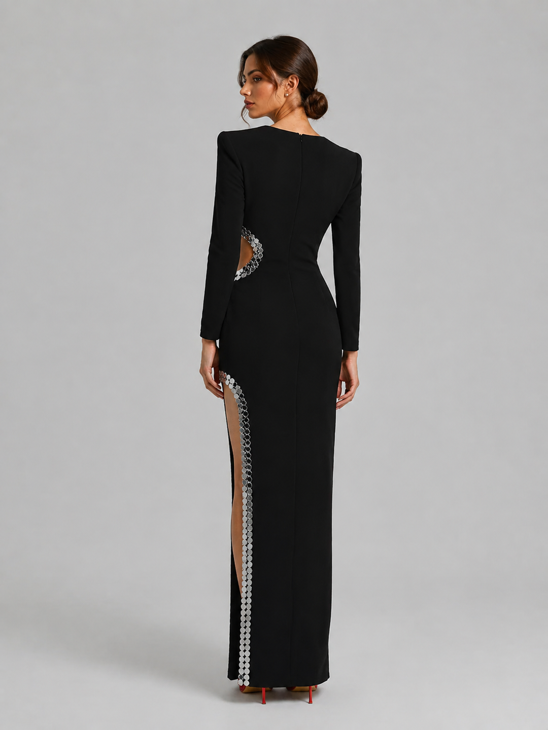 Black Long Sleeve Embellished Slit Gown