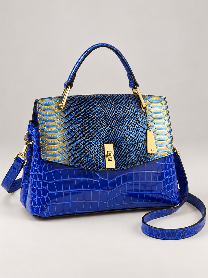 Colorblock Snake-Effect Top Handle Bag