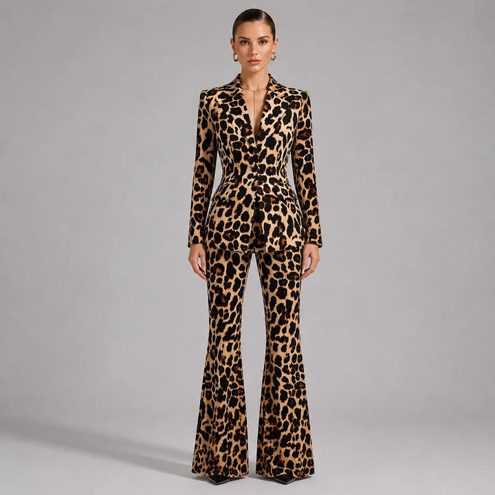 Leopard Print Single Button Blazer &amp; Flared Floor Pants 2-Piece Suit Set