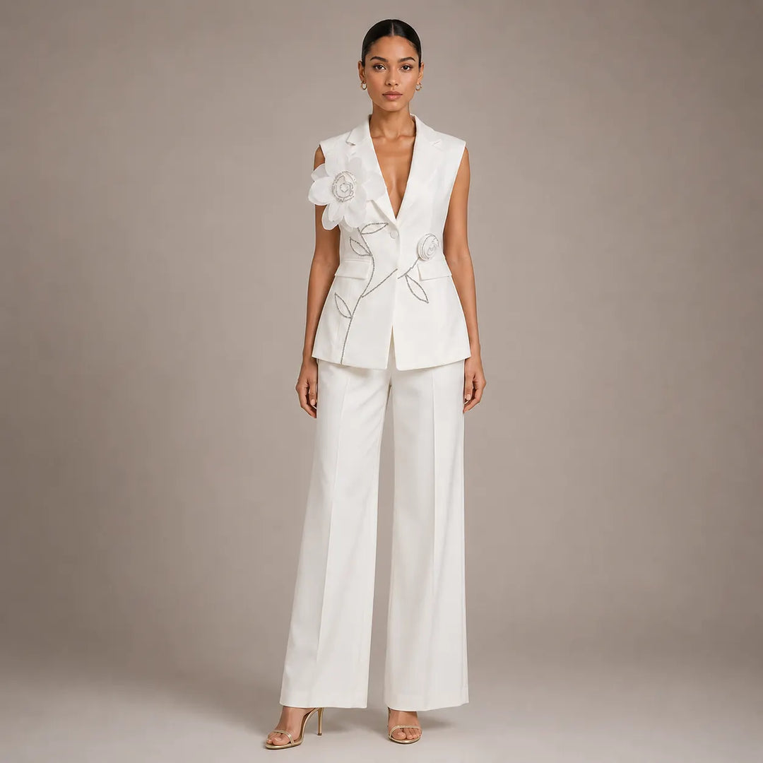 Tailored Sleeveless Blazer Vest & Wide Leg Trousers 2 Piece Floral Embroidery Suit Co-ord