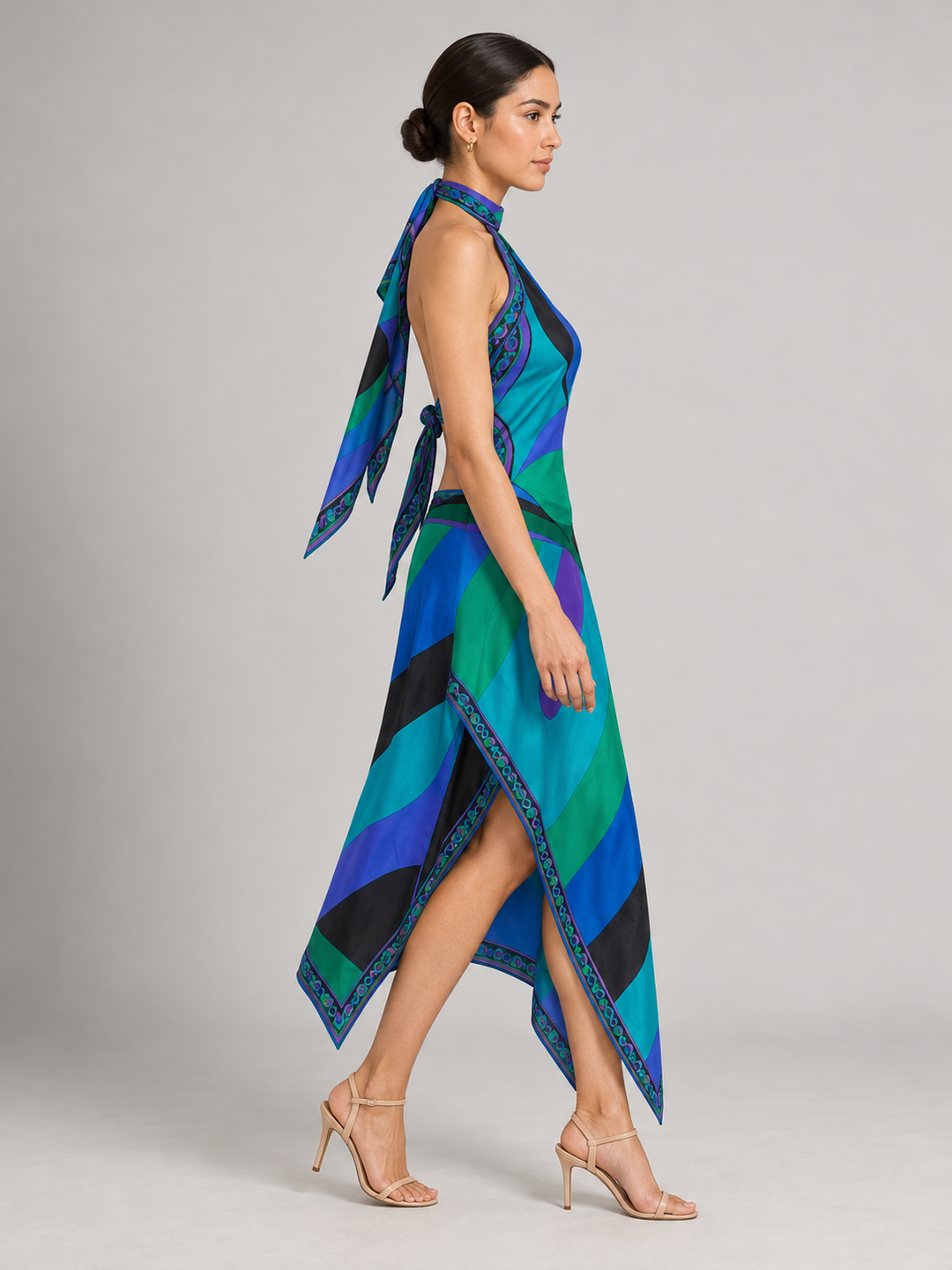 Vibrant Geometric Silk-Touch Two-Piece Halter Top &amp; Asymmetric Midi Skirt Set