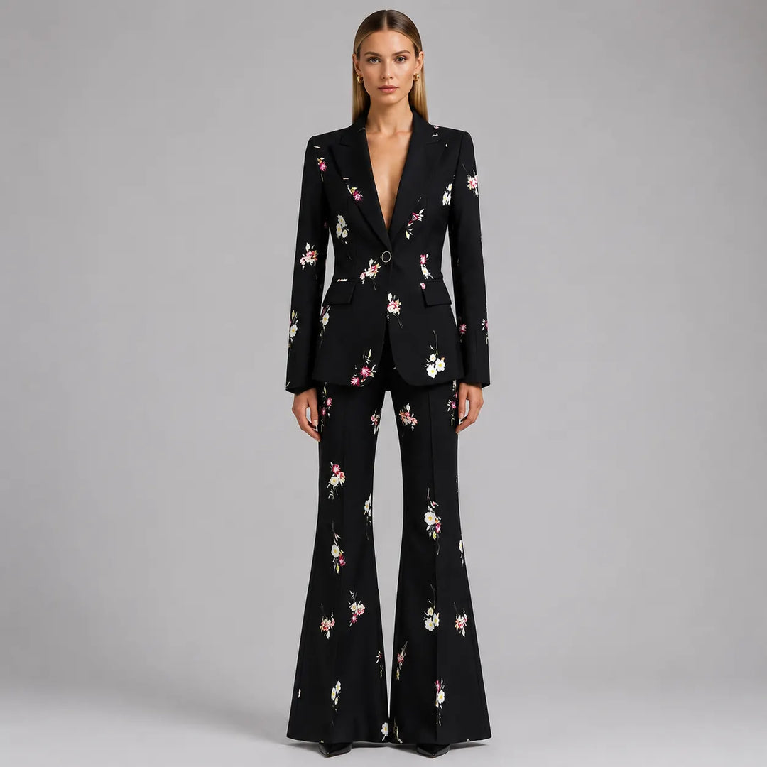 Floral Print Single Button Blazer & Floor-Length Flared Pants 2-Piece Suit Set