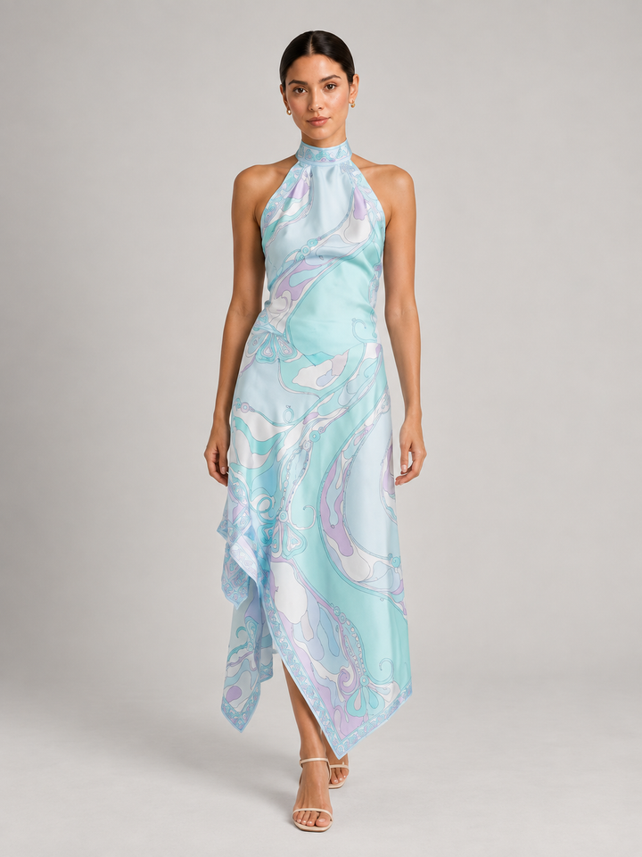 Vibrant Geometric Silk-Touch Two-Piece Halter Top &amp; Asymmetric Midi Skirt Set