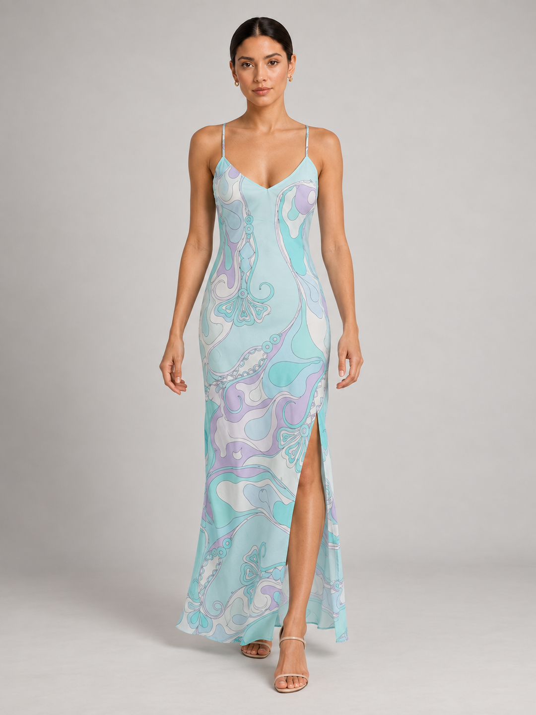 Retro Psychedelic Swirl Print Silk Slip Maxi Dress
