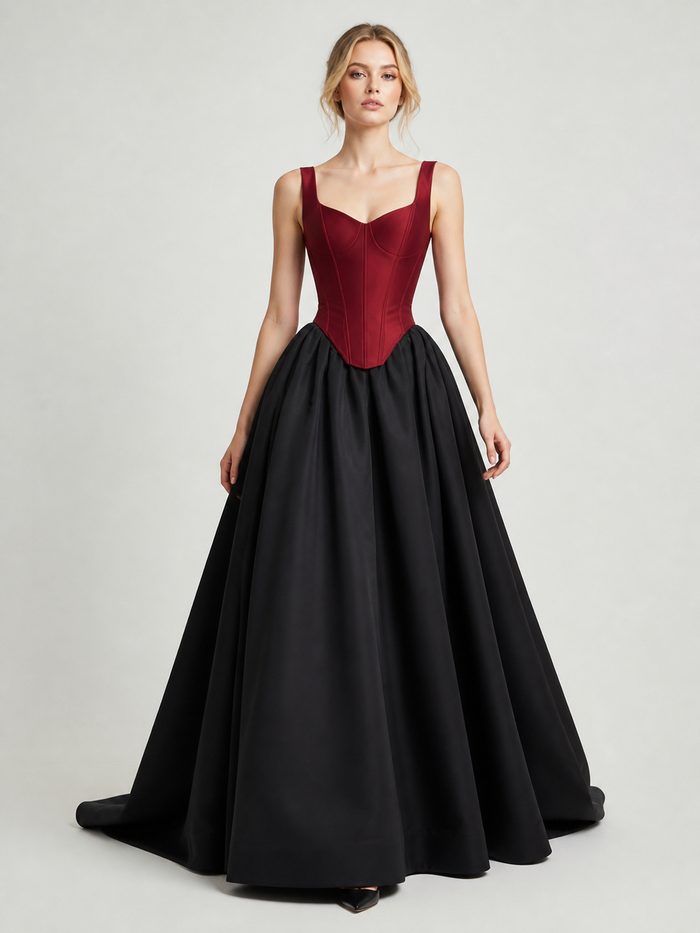 Dominique Black-and-Burgundy Lace Ball Gown