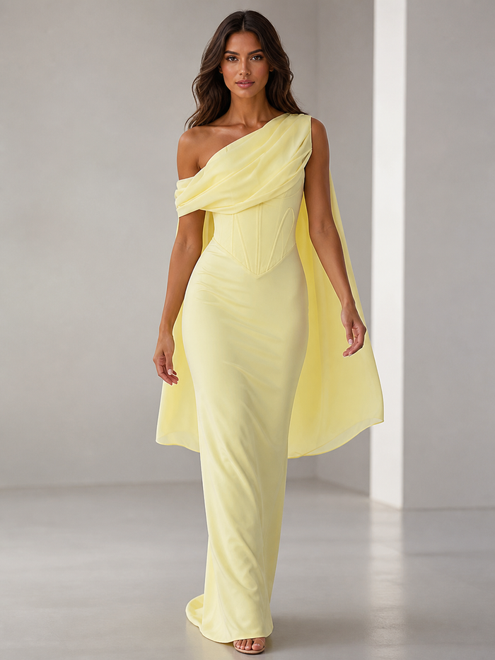 Solene Lemon-Yellow Asymmetric Cape Gown