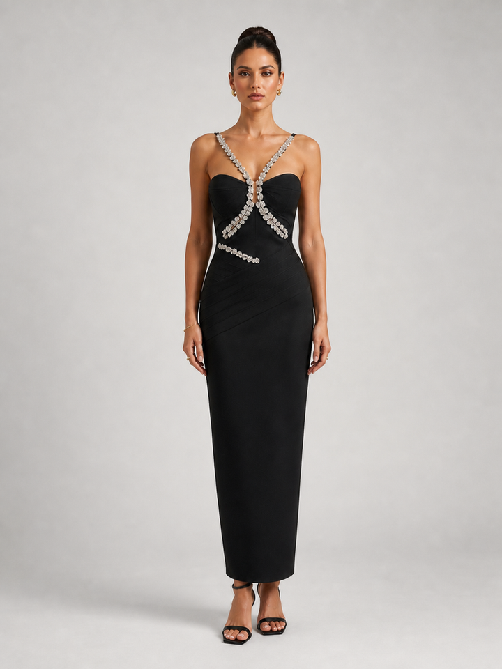 Noemi Black Embellished Column Gown – view 1