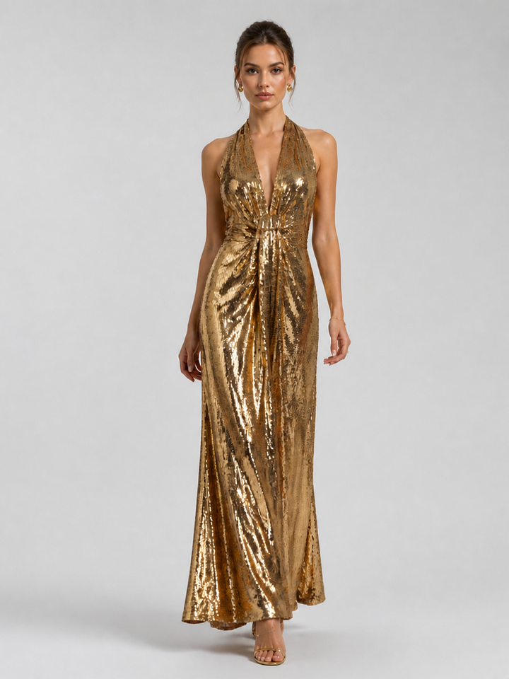 Aurelia Antique-Gold Draped Gown – view 1
