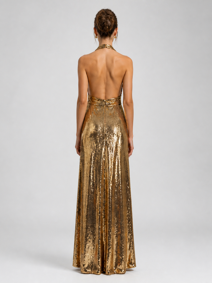 Aurelia Antique-Gold Draped Gown – view 3