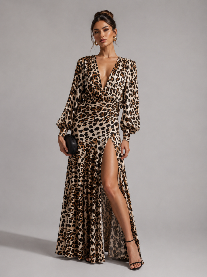 Leonie Leopard-Print Draped Evening Gown – view 2
