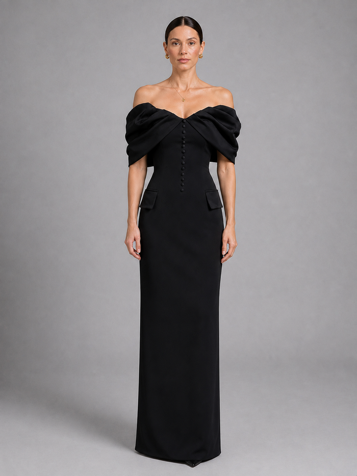 Colette Black Off-Shoulder Draped Gown