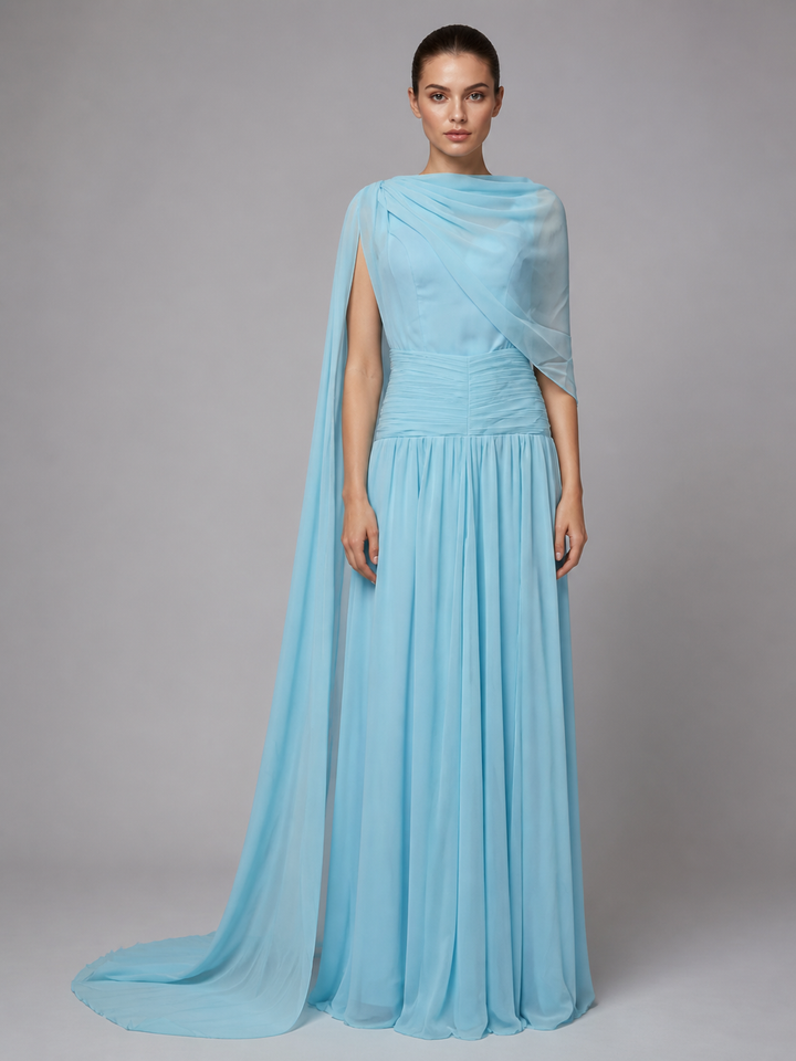 Estelle Sky-Blue Cape-Sleeve Gown – view 1