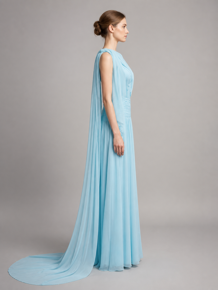 Estelle Sky-Blue Cape-Sleeve Gown – view 3