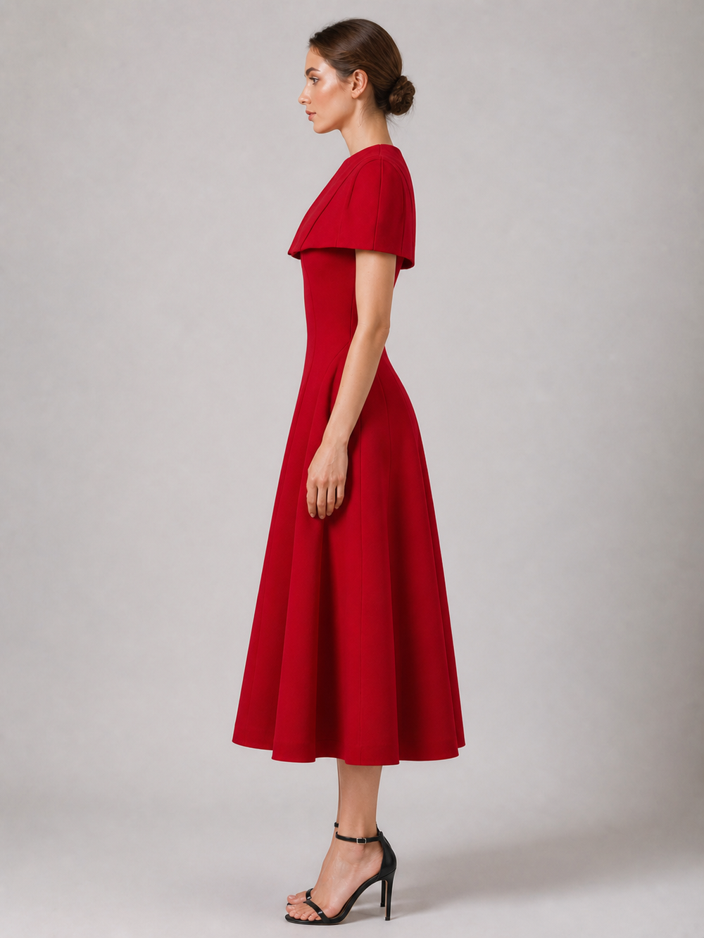 Clara Red Puff-Sleeve Midi Dress – view 1