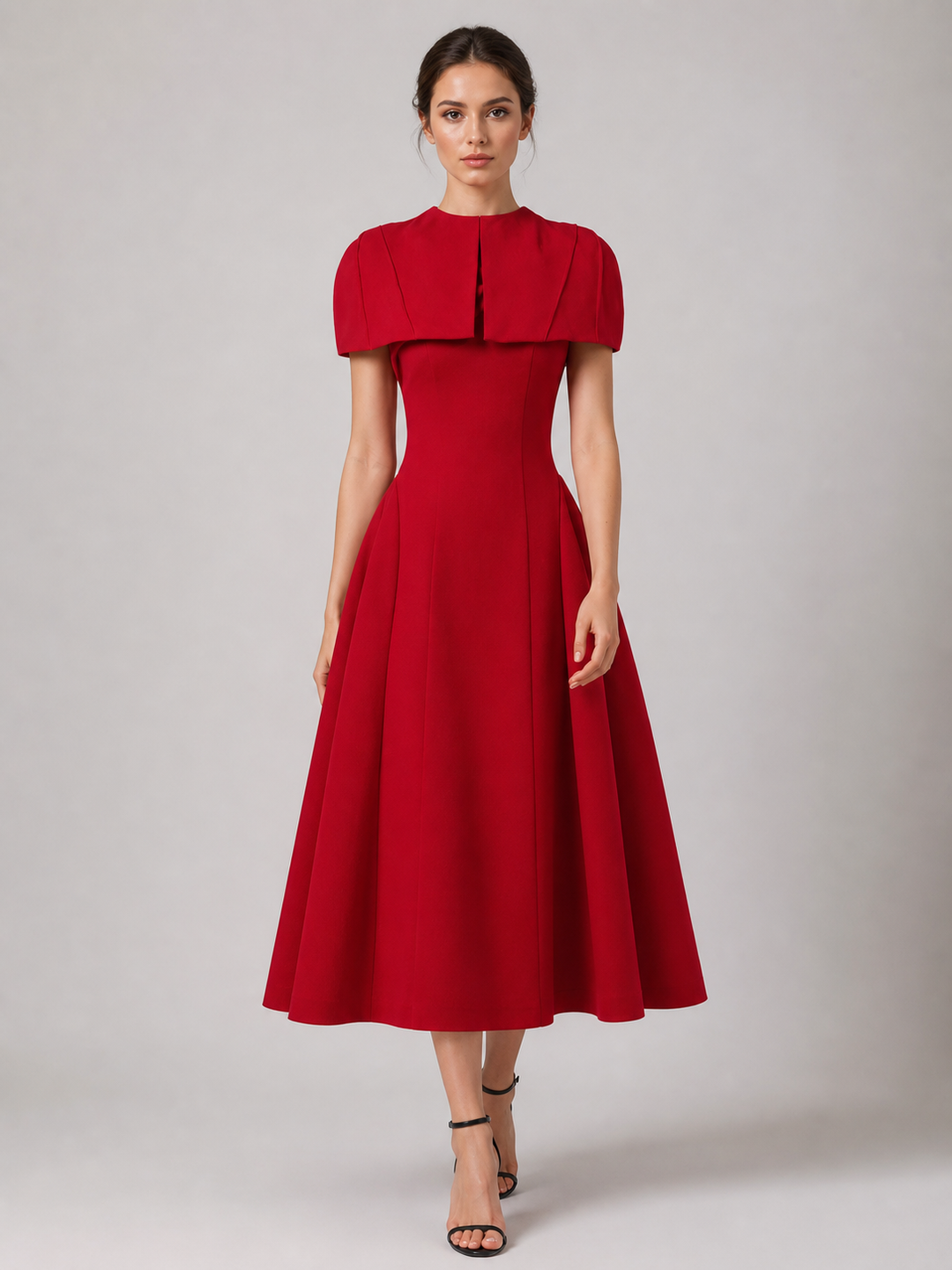 Clara Red Puff-Sleeve Midi Dress – view 3