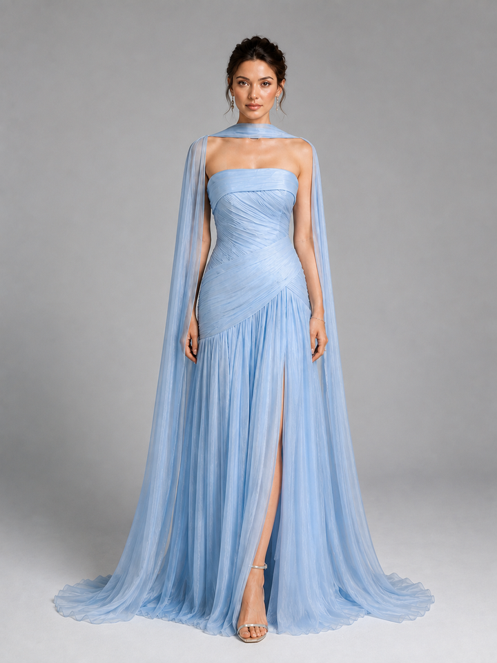 Amelie Powder-Blue Off-Shoulder Cape Gown – view 1