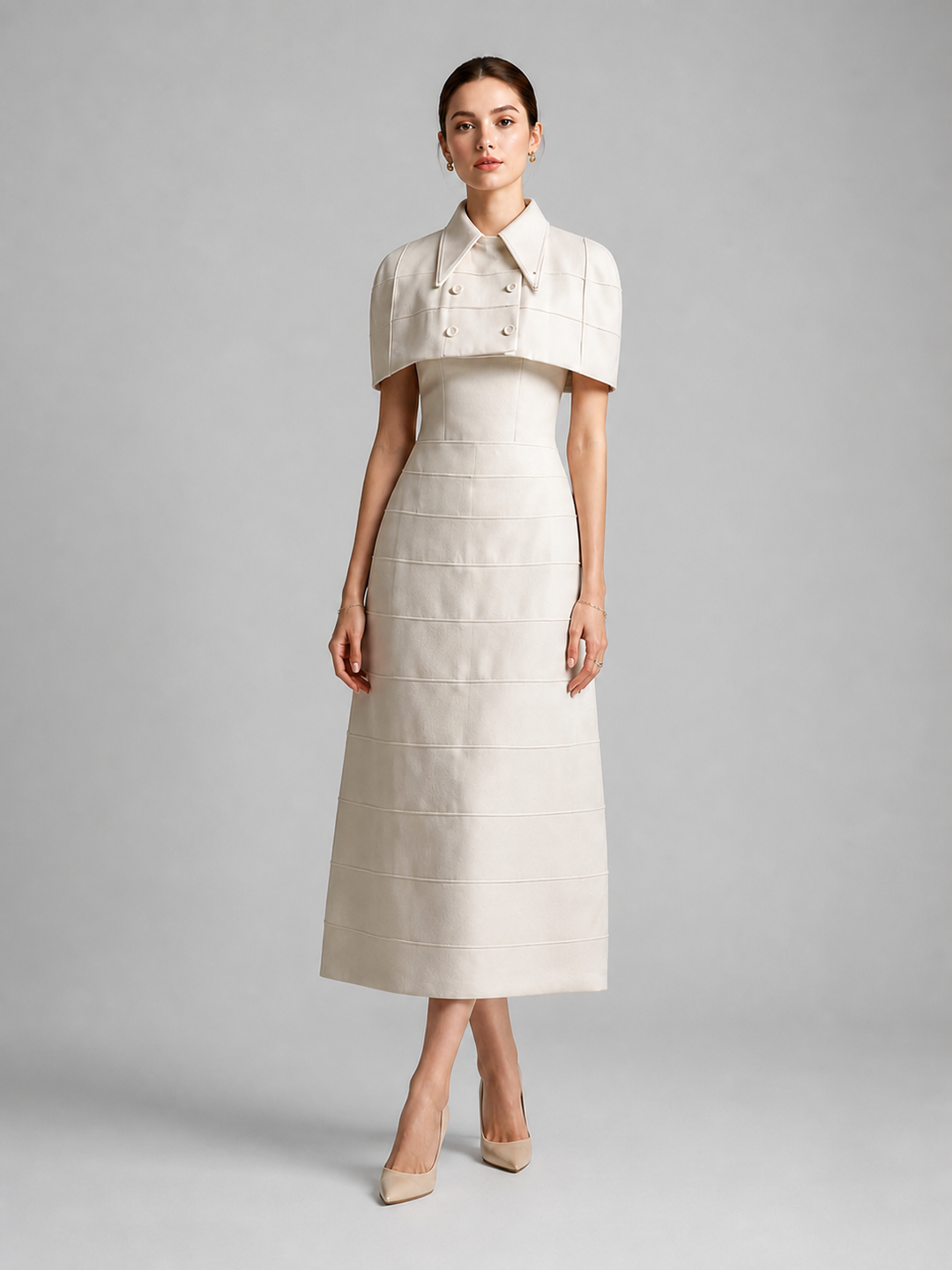Genevieve Warm-Ivory Belted Midi Dress – view 1