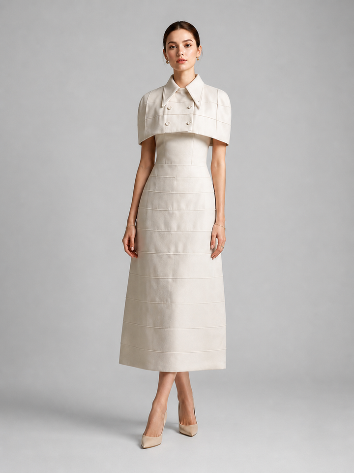 Genevieve Warm-Ivory Belted Midi Dress – view 1