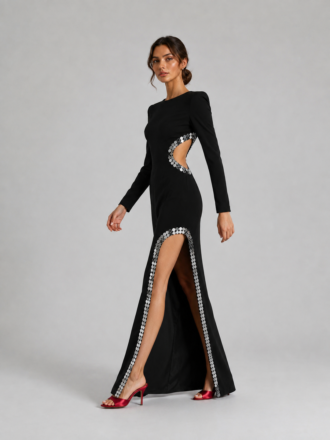 Black Long Sleeve Embellished Slit Gown