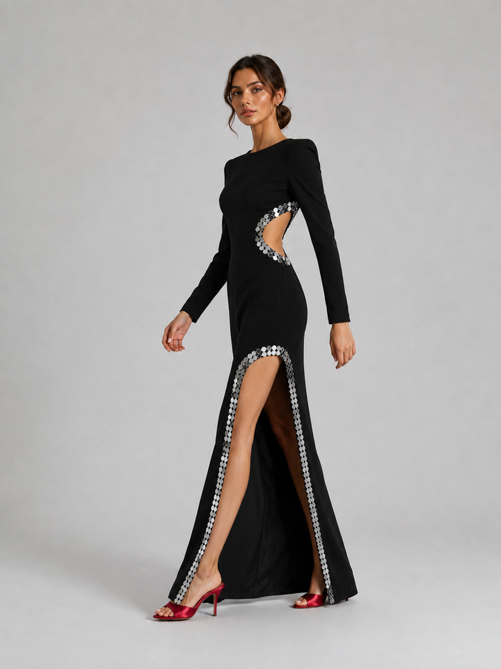 Black Long Sleeve Embellished Slit Gown