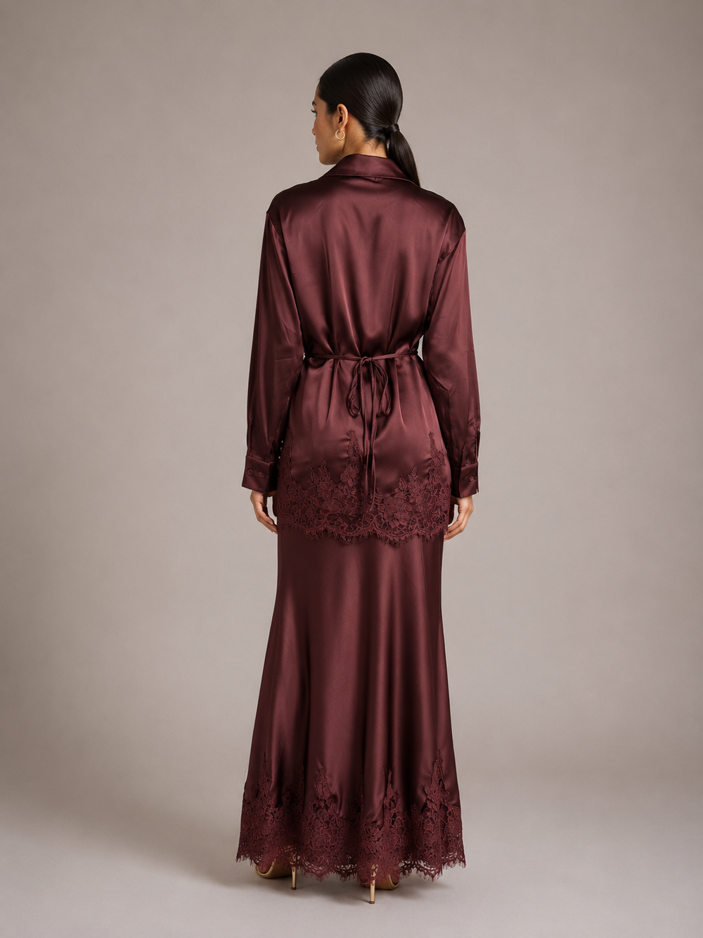 Gloss Satin Collared Lace Hem Shirt & Maxi Skirt 2 Piece Matching Co-ord Set