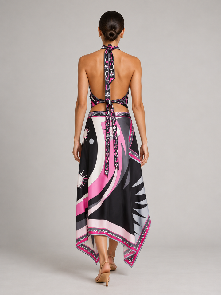 Vibrant Geometric Silk-Touch Two-Piece Halter Top &amp; Asymmetric Midi Skirt Set