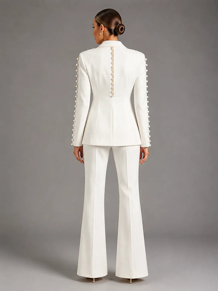 Pearl Embellished Peak Lapel Blazer &amp; High Waist Full Flare Suit Trousers 2-Piece Set