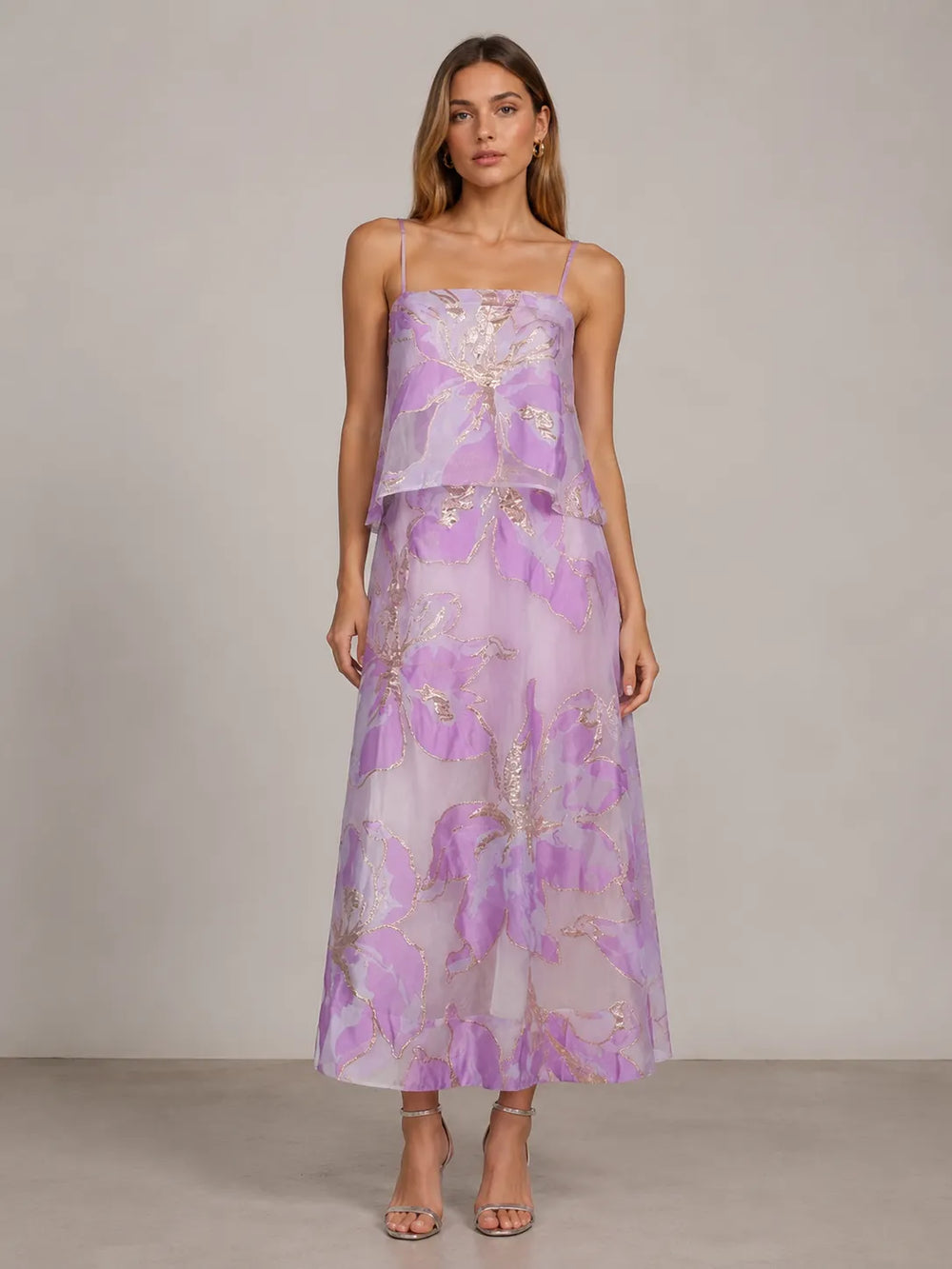 Floral Organza Spaghetti Strap Cropped Top & Midi Skirt Two-Piece Set