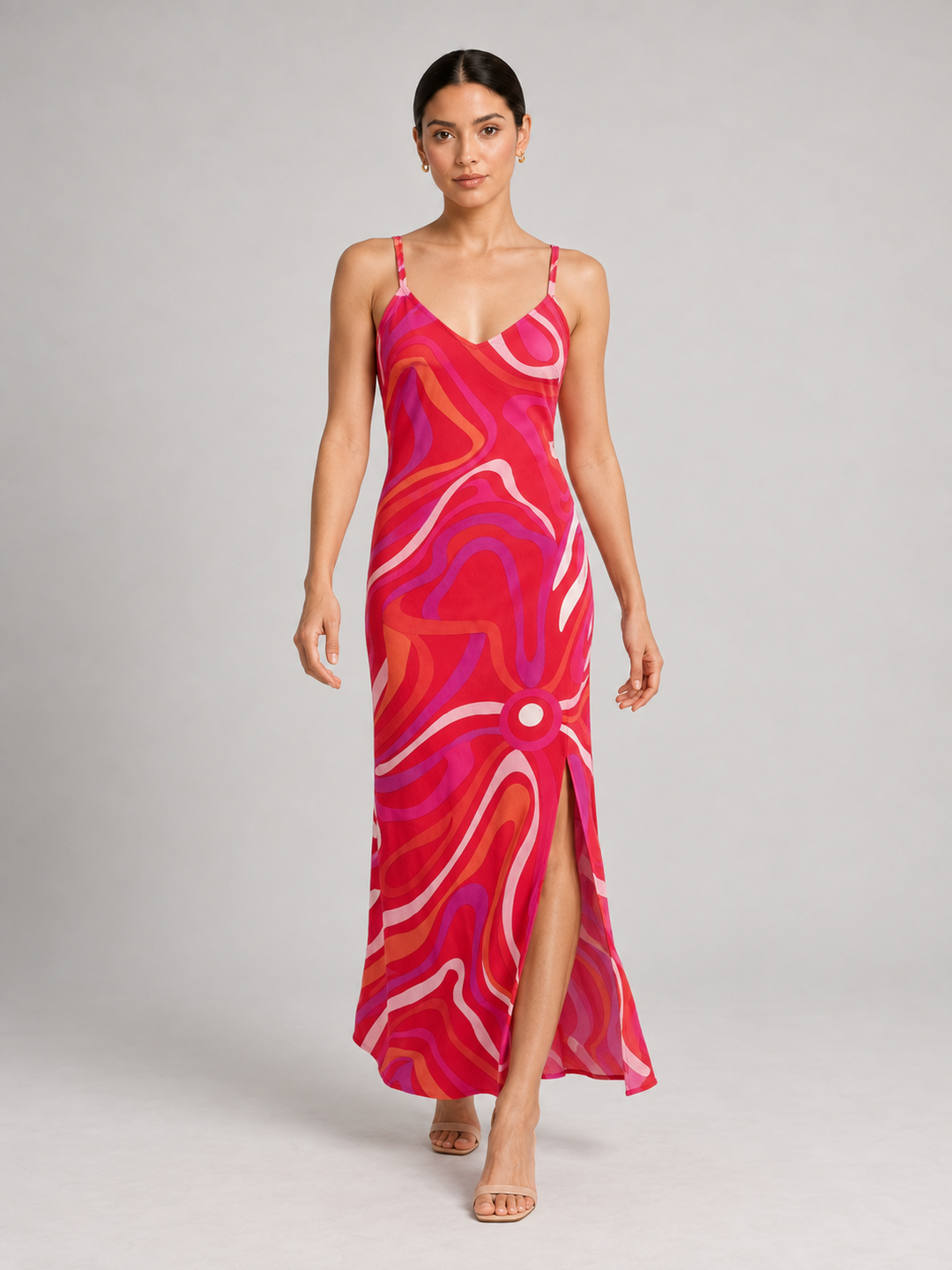 Retro Psychedelic Swirl Print Silk Slip Maxi Dress